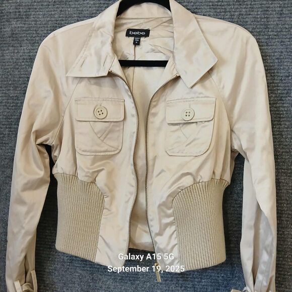 Bebe Vintage Y2K Cropped Moto Bomber Jacket Size M RARE Tan Beige Gold 00s Zip - Picture 3 of 9